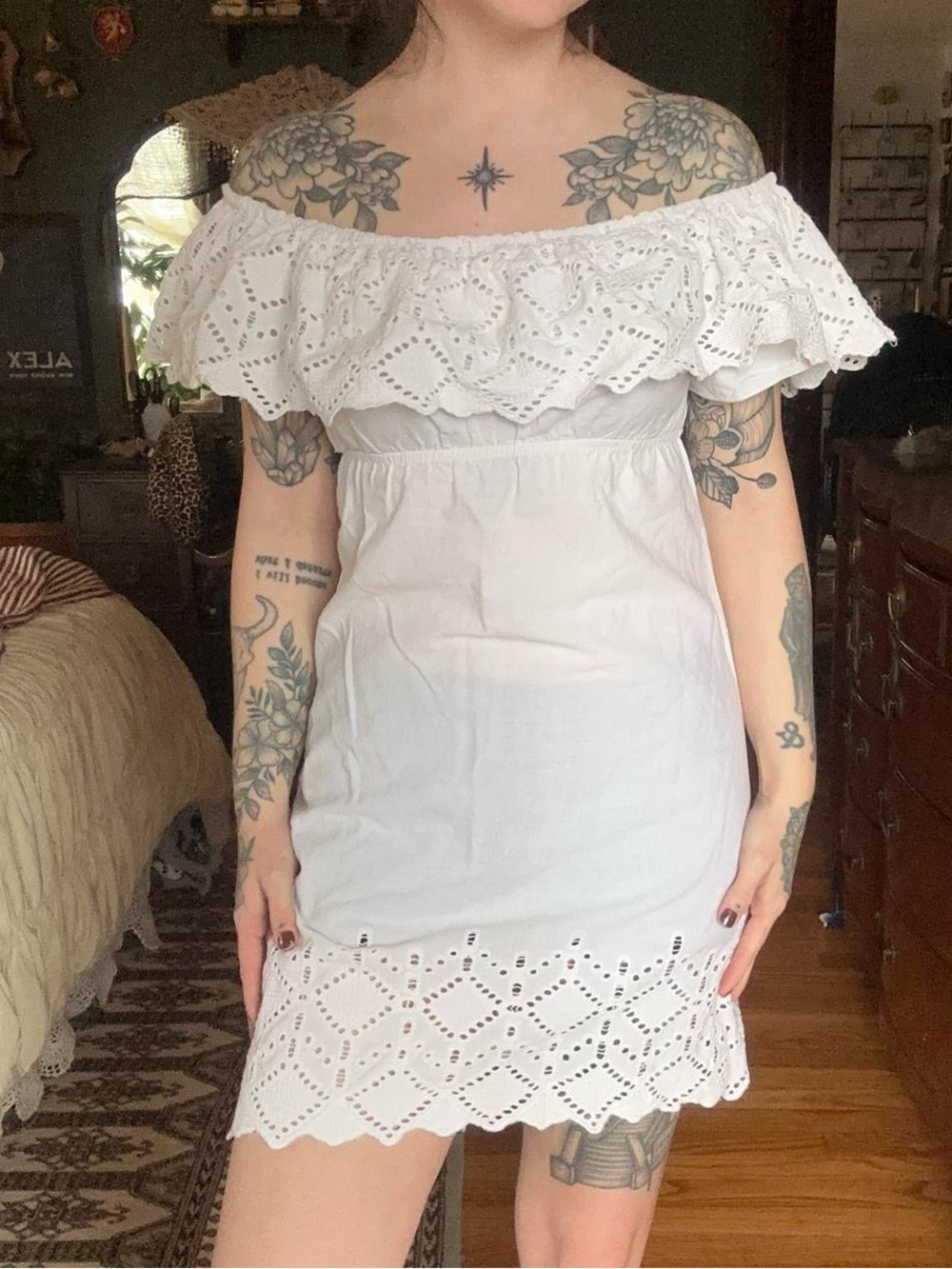 Velvet Torch White One-Shoulder Eyelet Mini Dress